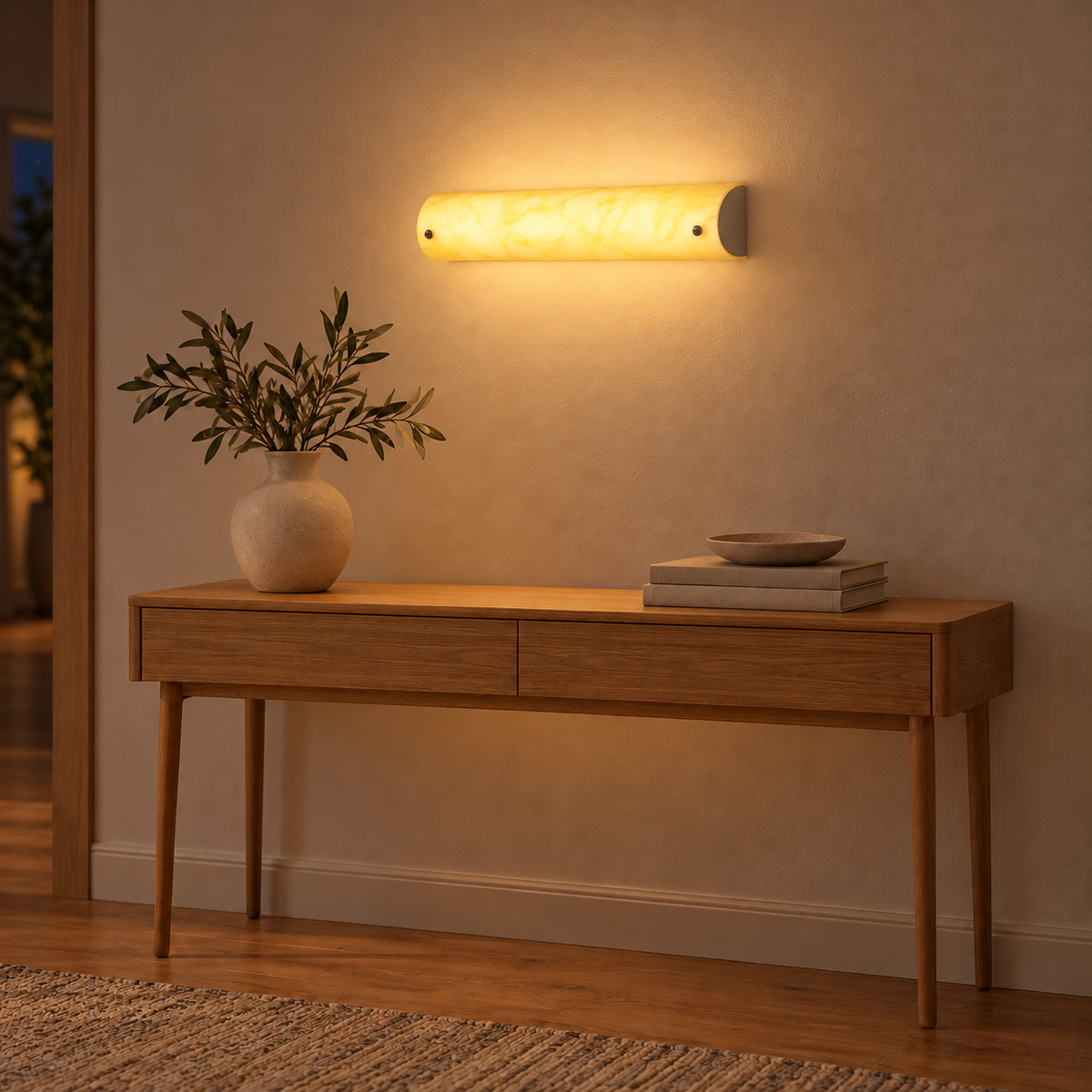 Cream Curved 2-Lamp Picture Light, 380 mm illuminated in the same residential interior at night