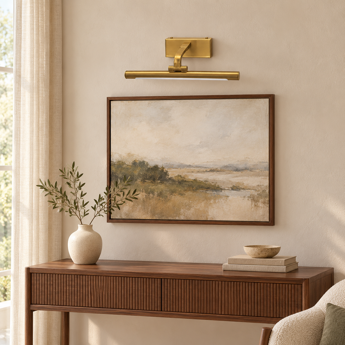 Gold-Toned Curved-Arm Picture Light, 350 mm installed in a residential interior in daylight, light off
