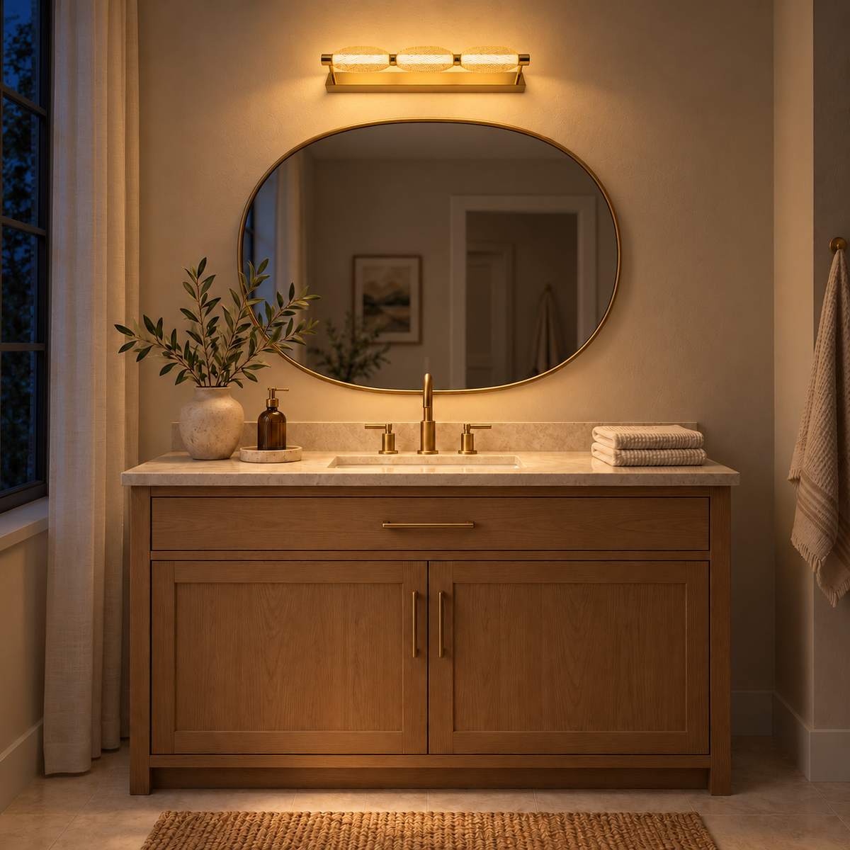Gold Mesh Capsule 3-Head Picture Light, 520 mm illuminated in the same residential interior at night