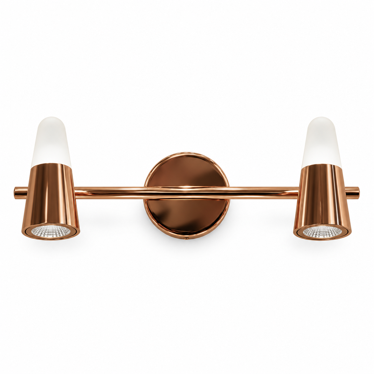 Rose-Gold Tapered 2-Head Picture Light, 370 mm with the light off on a white background
