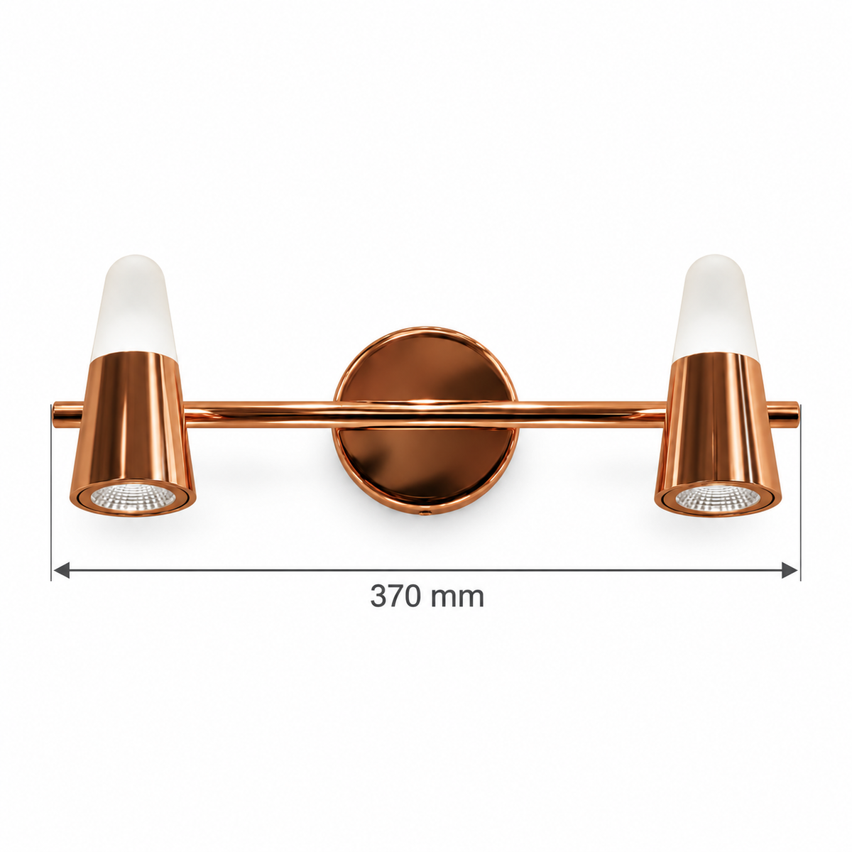 Rose-Gold Tapered 2-Head Picture Light, 370 mm dimension view showing overall length 370 mm
