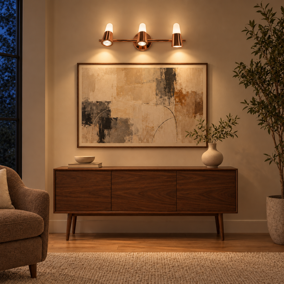 Rose-Gold Tapered 3-Head Picture Light, 520 mm illuminated in the same residential interior at night