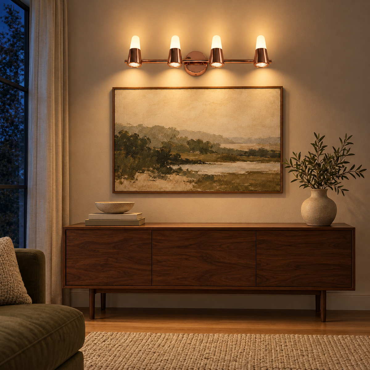Rose-Gold Tapered 4-Head Picture Light, 620 mm illuminated in the same residential interior at night