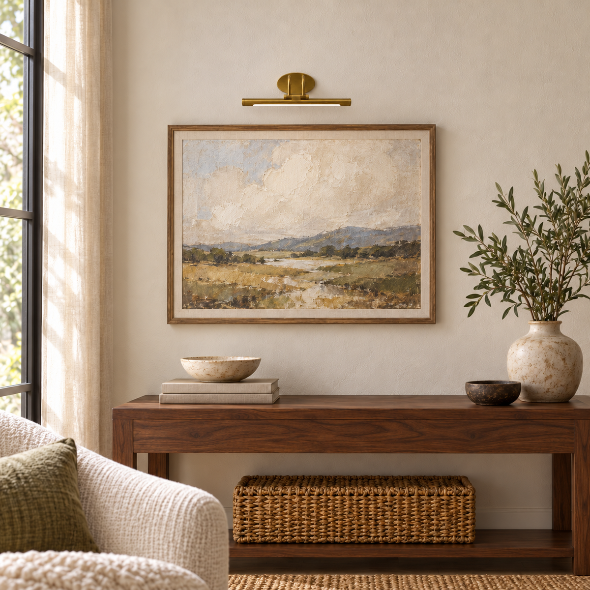 Gold-Toned Slim Cylinder Picture Light, 350 mm installed in a residential interior in daylight, light off