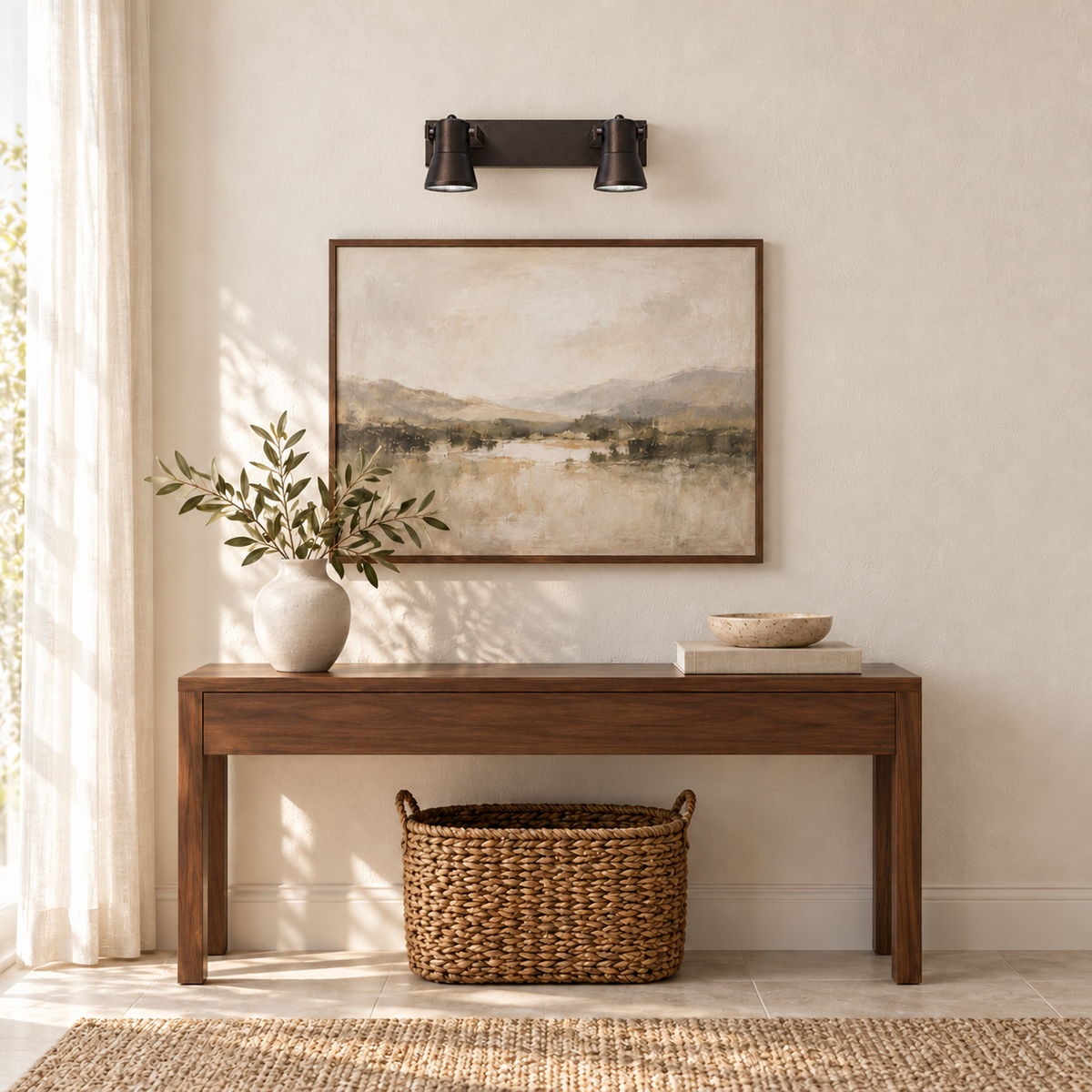 Coffee Tapered 2-Head Picture Light, 300 mm installed in a residential interior in daylight, light off