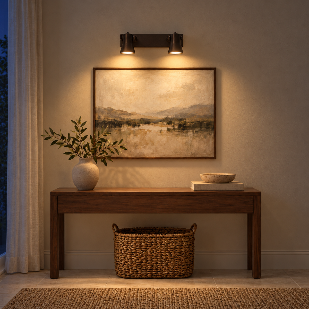 Coffee Tapered 2-Head Picture Light, 300 mm illuminated in the same residential interior at night