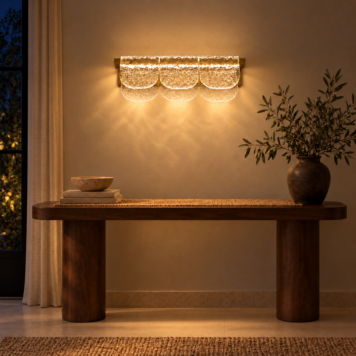 Gold Layered Acrylic 3-Head Picture Light, 460 mm illuminated in the same residential interior at night