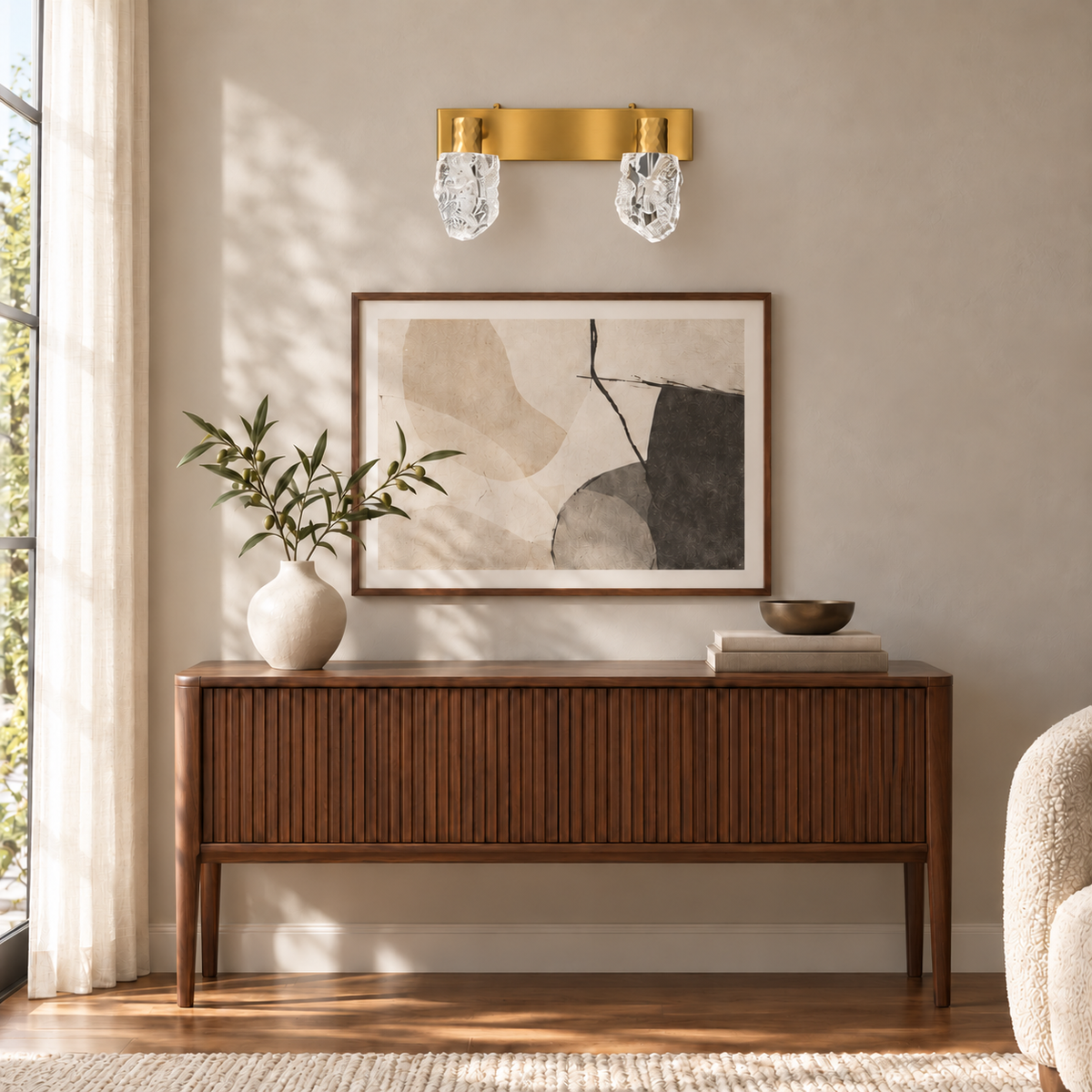 Gold Faceted Acrylic 2-Head Picture Light, 300 mm installed in a residential interior in daylight, light off