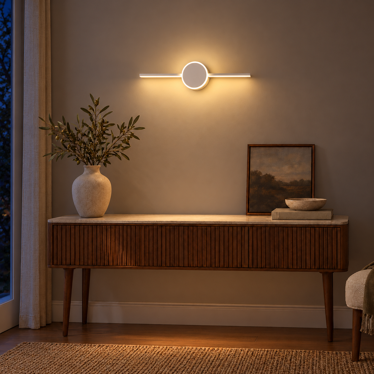 White Halo-Disc Picture Light, 400 mm illuminated in the same residential interior at night