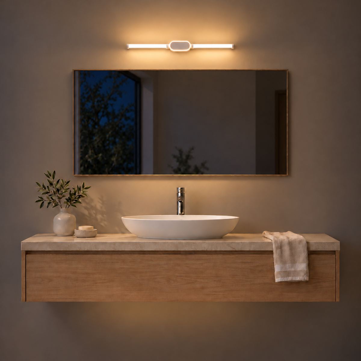 White Capsule-Centre Picture Light, 400 mm illuminated in the same residential interior at night