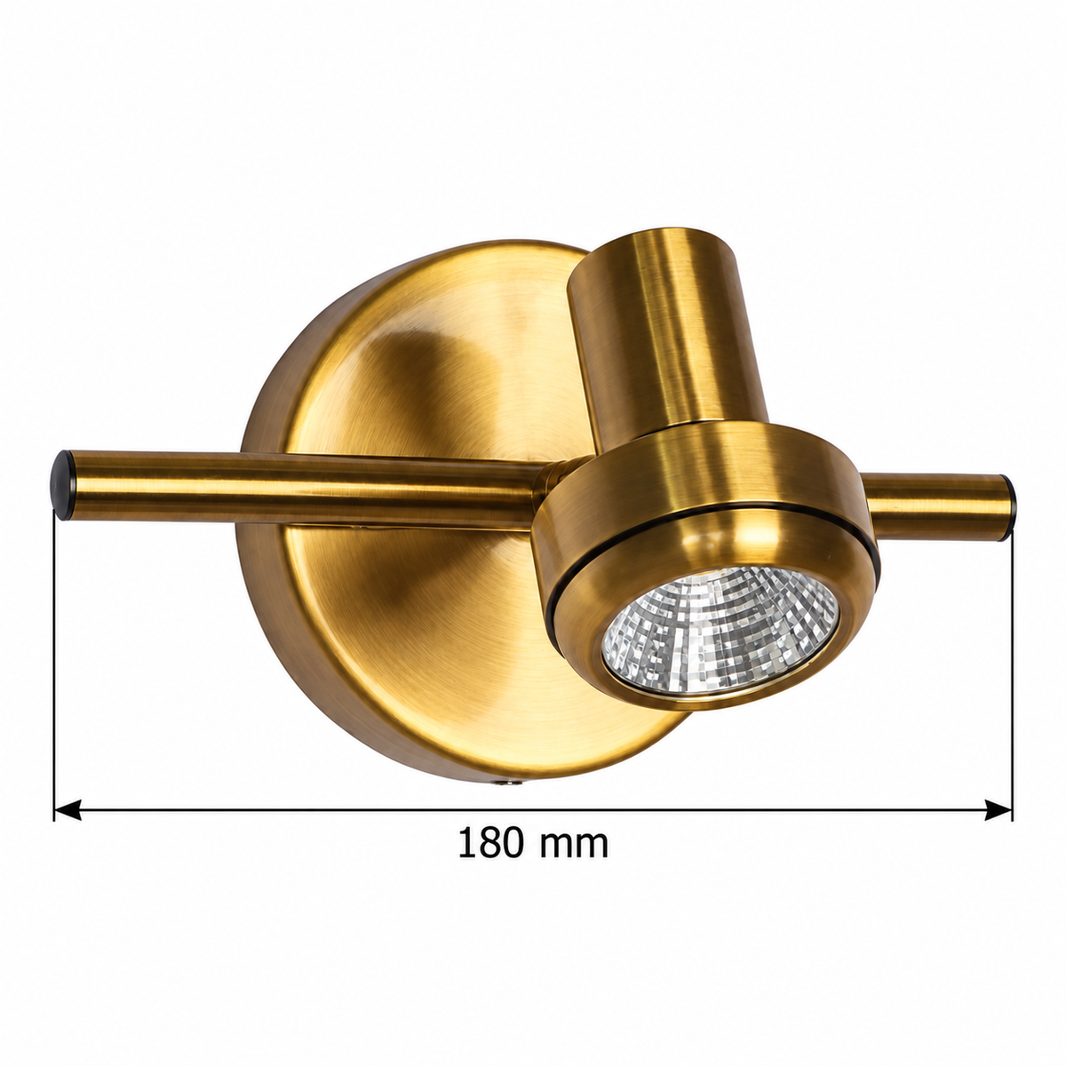 Gold-Toned Round-Plate 1-Spot Picture Light, 180 mm dimension view showing overall horizontal span 180 mm