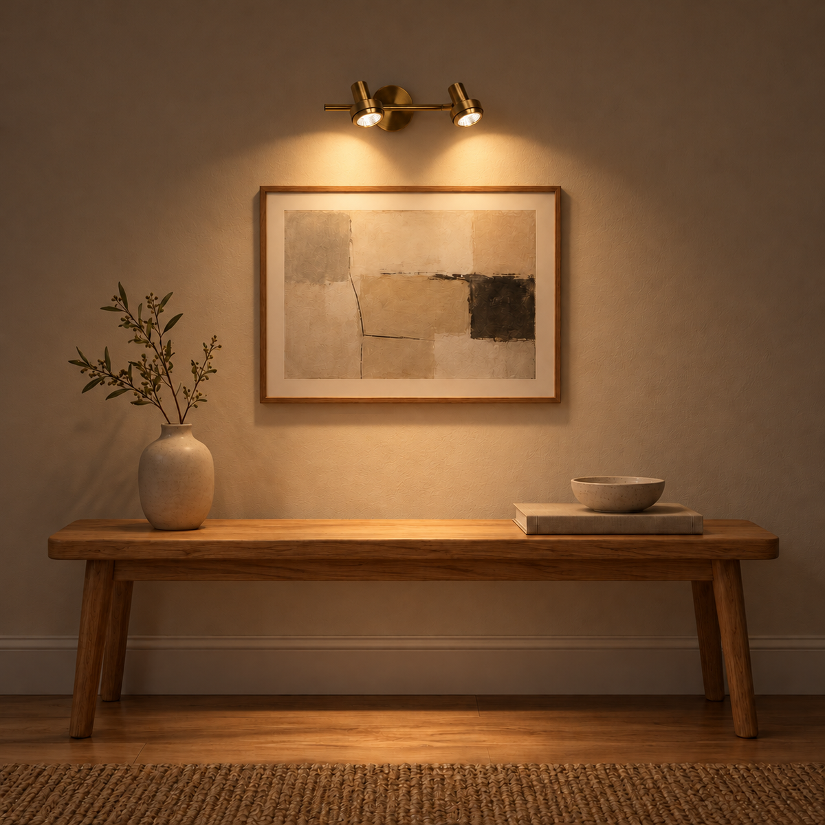 Gold-Toned Round-Plate 2-Spot Picture Light, 320 mm illuminated in the same residential interior at night