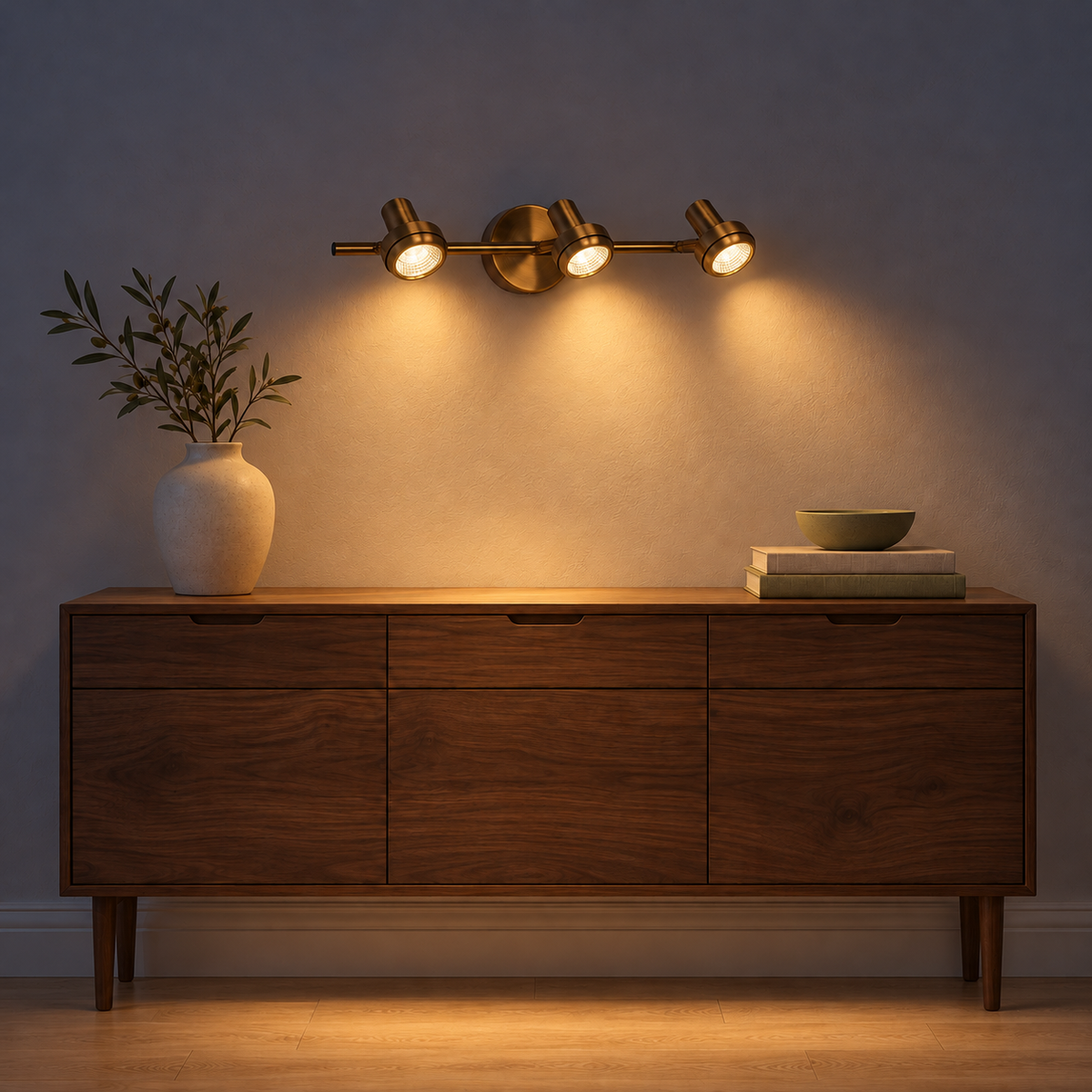 Gold-Toned Round-Plate 3-Spot Picture Light, 460 mm illuminated in the same residential interior at night