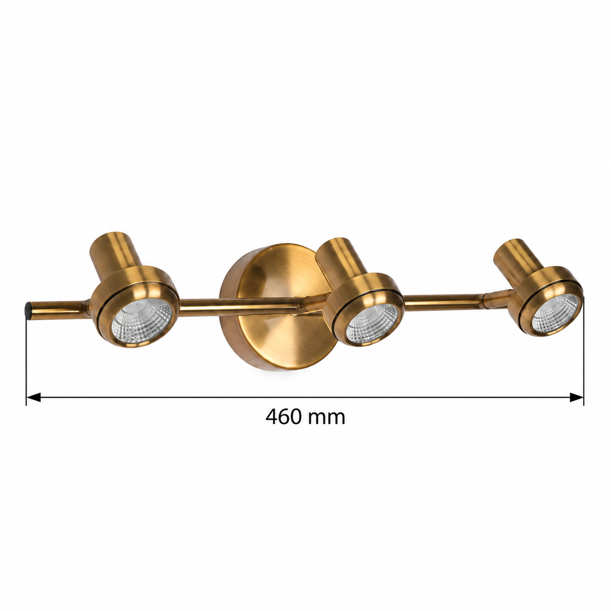 Gold-Toned Round-Plate 3-Spot Picture Light, 460 mm dimension view showing overall horizontal span 460 mm