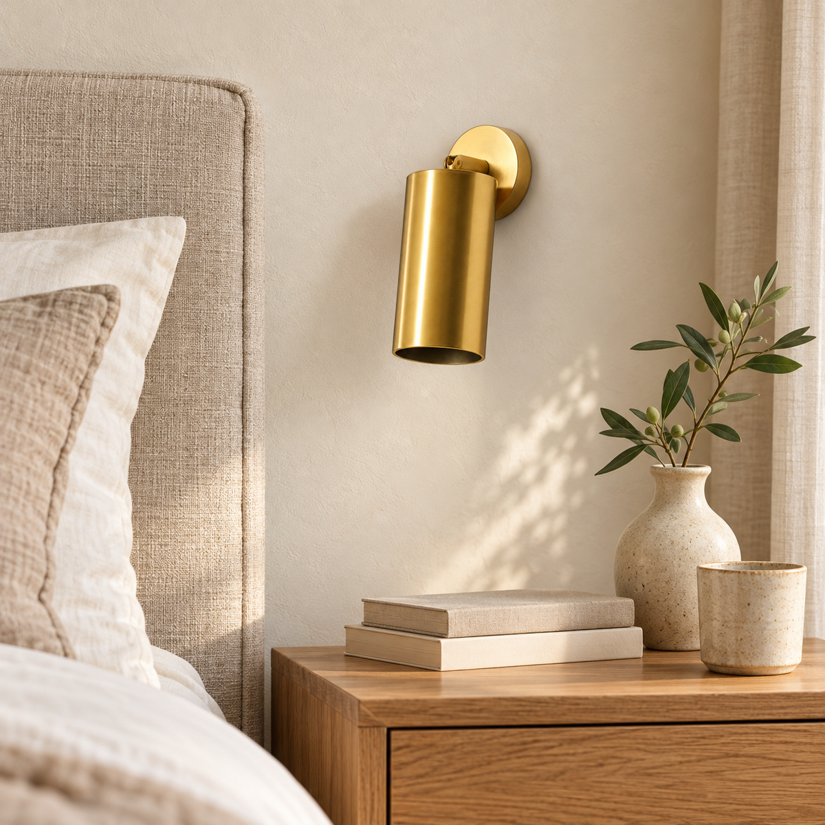 Gold-Toned Single Cylinder Wall Light, 180 mm installed in a residential interior in daylight, light off