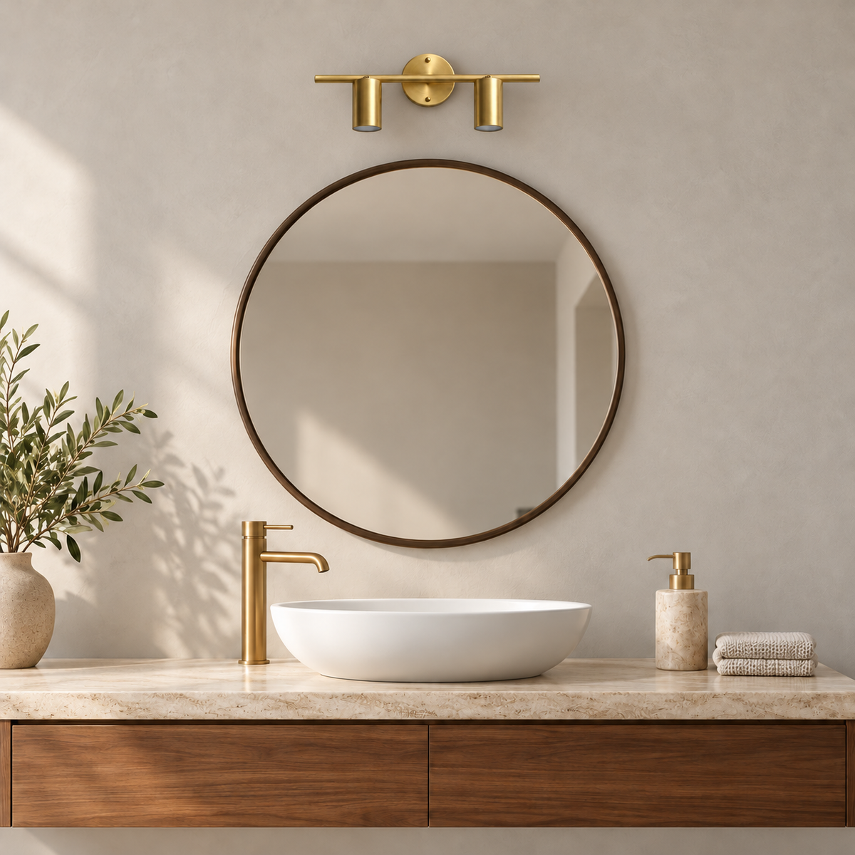 Gold-Toned Twin Cylinder Picture Light, 320 mm installed in a residential interior in daylight, light off