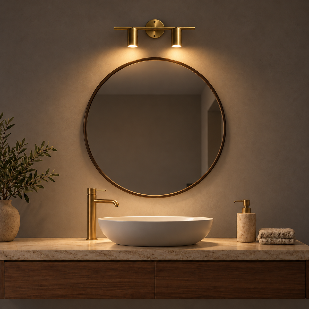 Gold-Toned Twin Cylinder Picture Light, 320 mm illuminated in the same residential interior at night