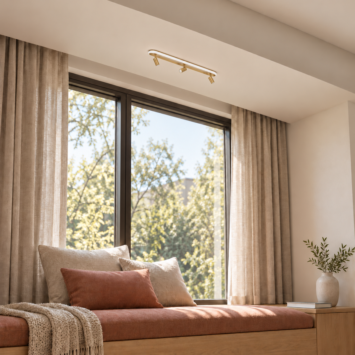 Gold-Toned Capsule-Frame 3-Spot Picture Light, 600 mm installed in a residential interior in daylight, light off