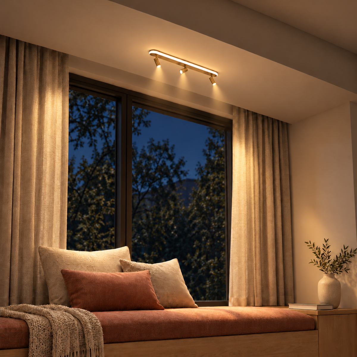 Gold-Toned Capsule-Frame 3-Spot Picture Light, 600 mm illuminated in the same residential interior at night