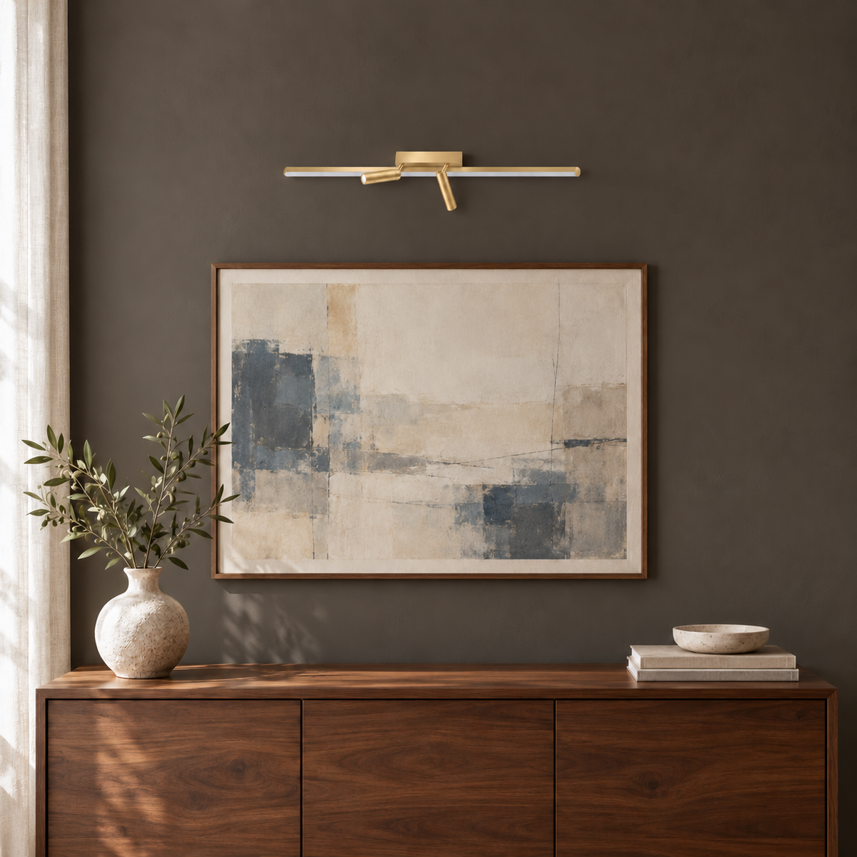 Gold-Toned Linear Picture Light with 2 Spots, 400 mm installed in a residential interior in daylight, light off
