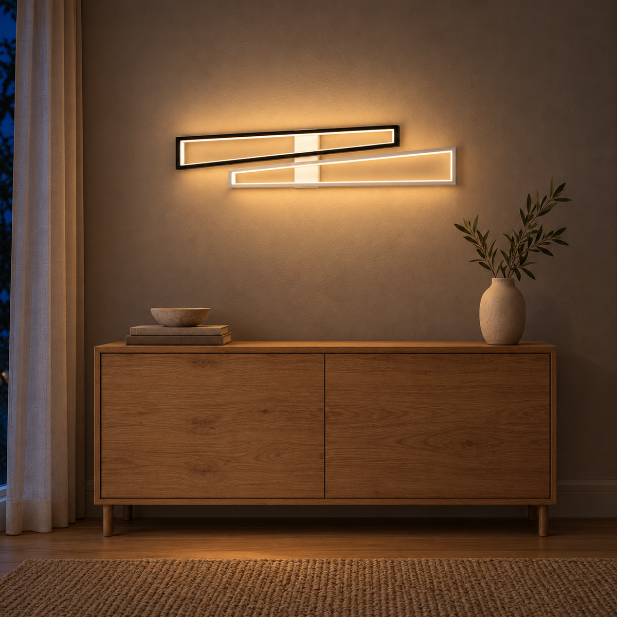 Black & White Offset-Frame Picture Light, 600 mm illuminated in the same residential interior at night