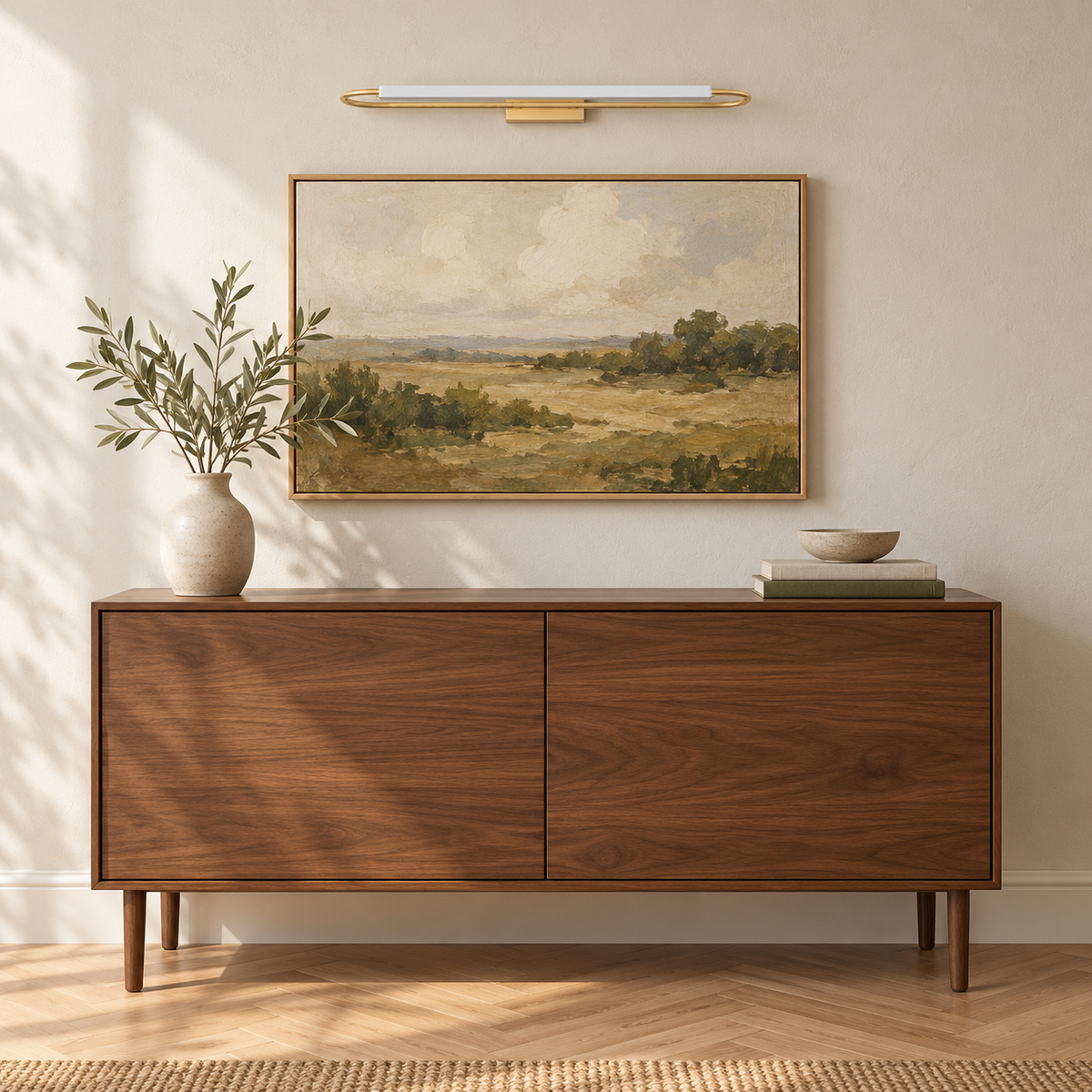 Gold-Toned Slim Oval-Loop Picture Light, 500 mm installed in a residential interior in daylight, light off