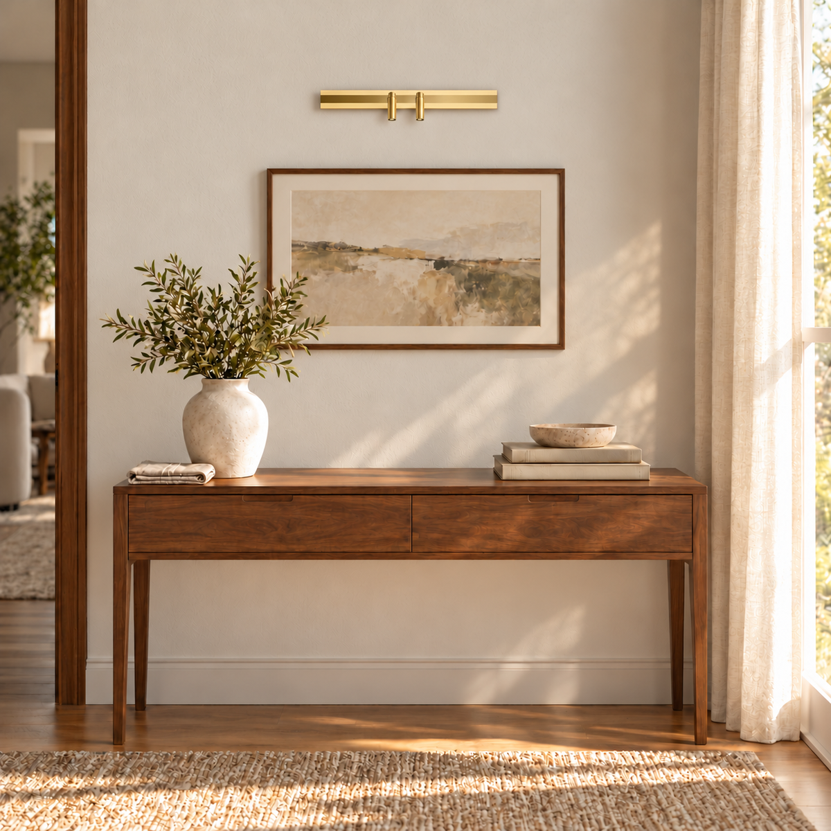 Gold-Toned Broad-Bar Picture Light with 2 Spots, 420 mm installed in a residential interior in daylight, light off