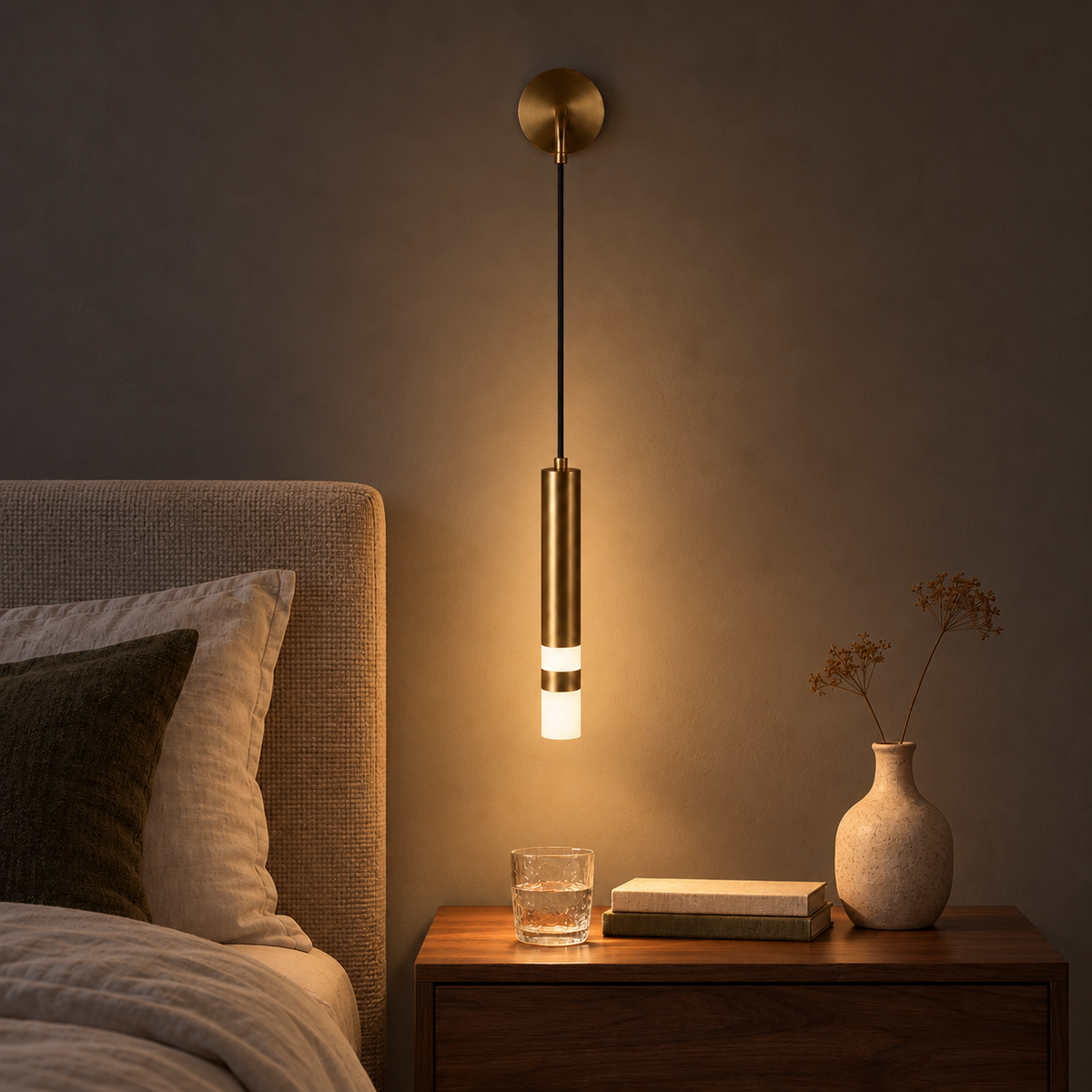 Gold-Toned Hanging Cylinder Wall Light illuminated in the same residential interior at night
