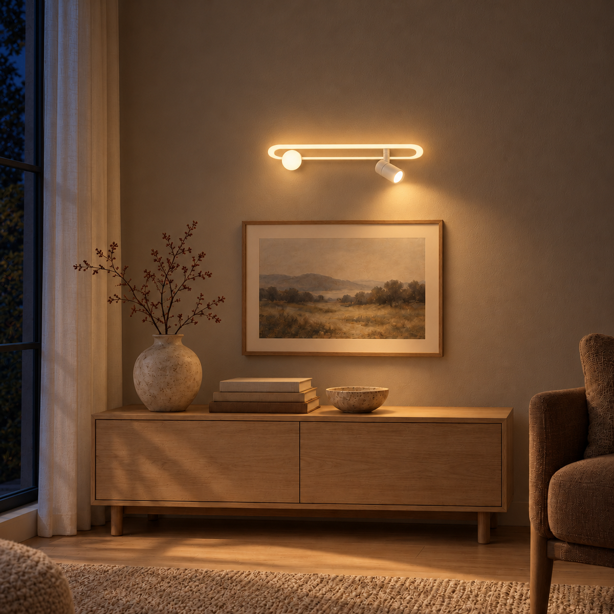 White Capsule Picture Light with 1 Spot, 400 mm illuminated in the same residential interior at night
