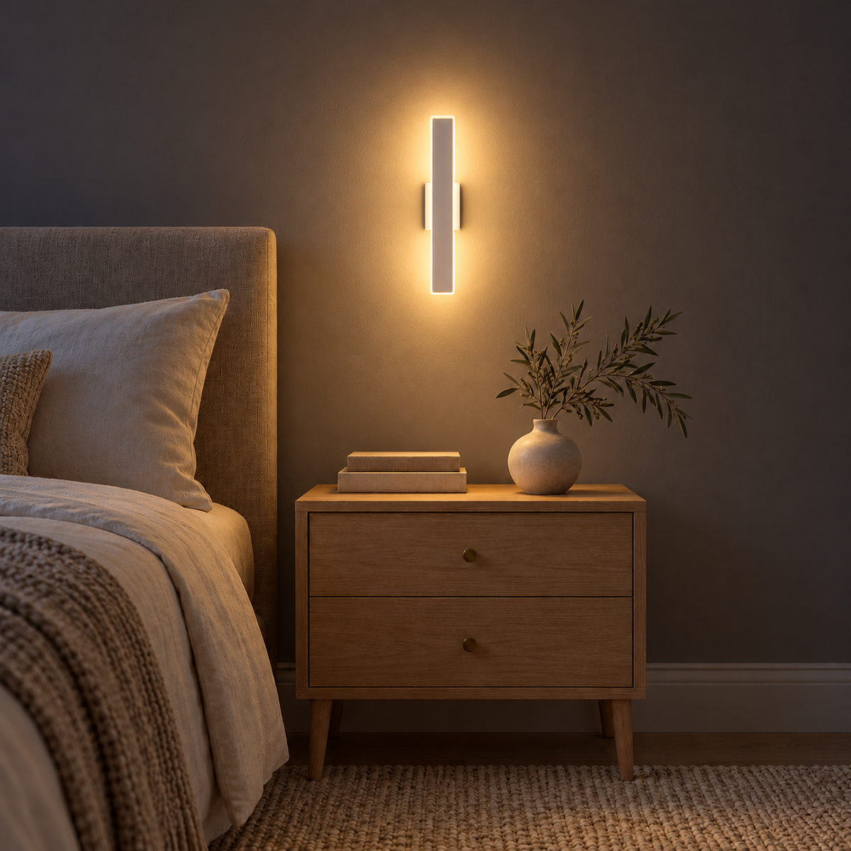 White Single-Bar Wall Light, 350 mm illuminated in the same residential interior at night