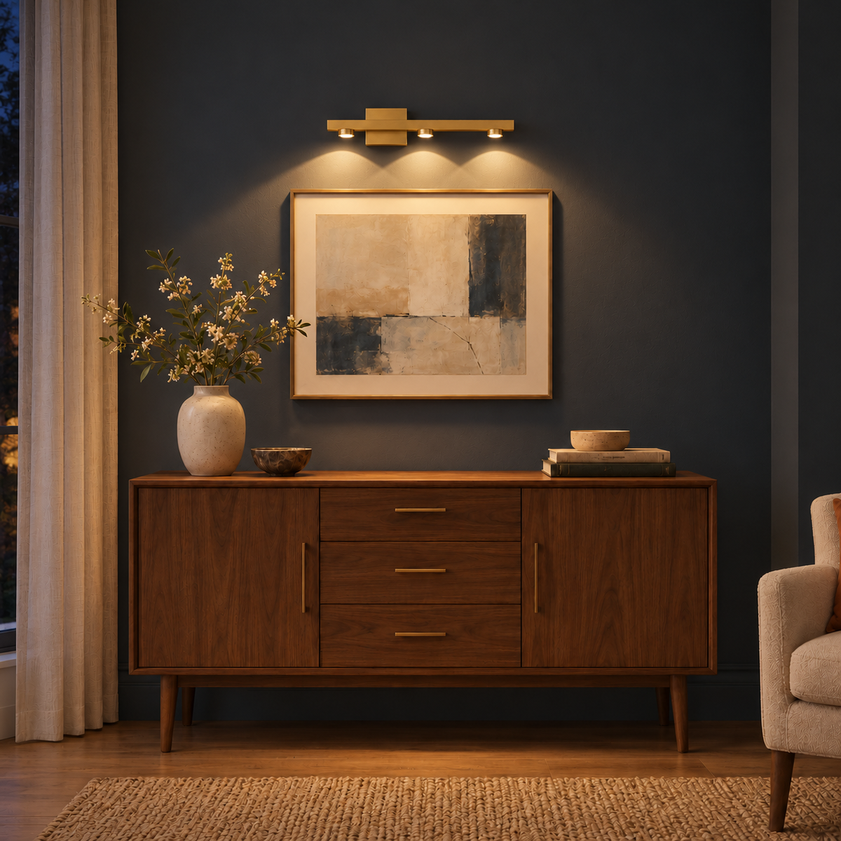 Gold-Toned 3-Spot Picture Light, 440 mm illuminated in the same residential interior at night