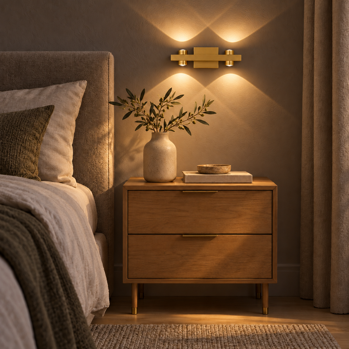 Gold-Toned 2-Module Up & Down Wall Light, 280 mm illuminated in the same residential interior at night