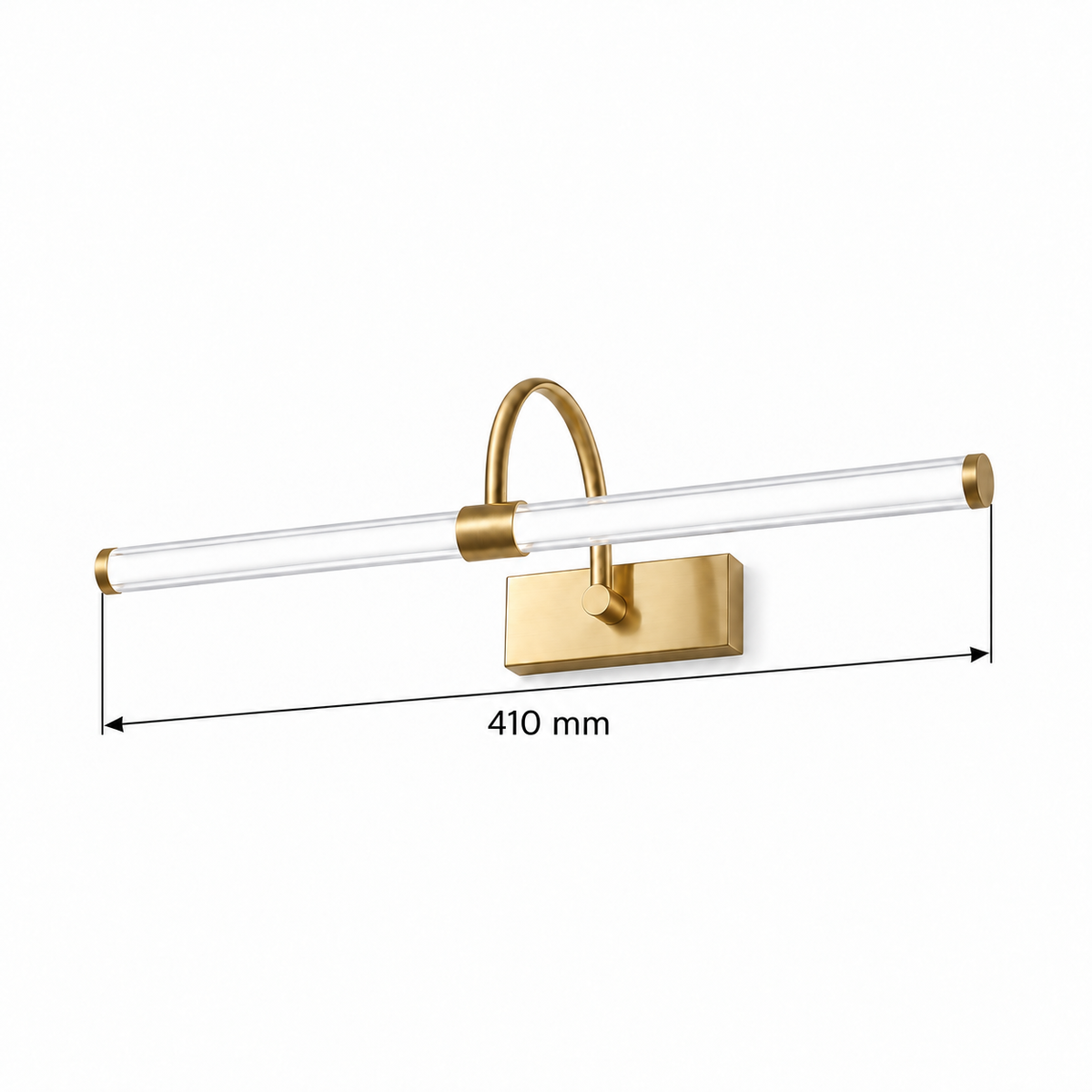 Gold-Toned Arch-Support Tube Picture Light, 410 mm dimension view showing overall endcap-to-endcap length 410 mm
