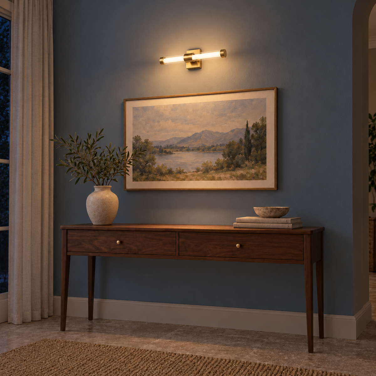 Gold-Toned Collar-Mount Tube Picture Light, 400 mm illuminated in the same residential interior at night