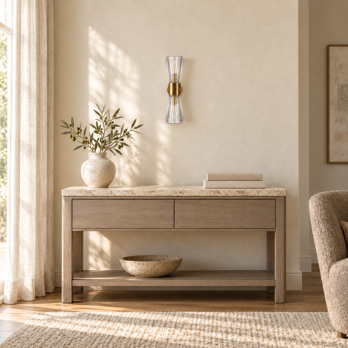 Gold-Toned Ribbed Glass 2-Light Wall Sconce, 460 mm installed in a residential interior in daylight, light off