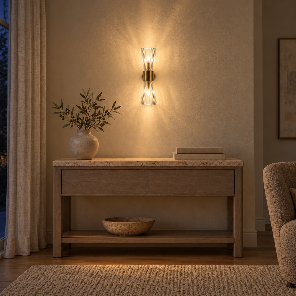 Gold-Toned Ribbed Glass 2-Light Wall Sconce, 460 mm illuminated in the same residential interior at night