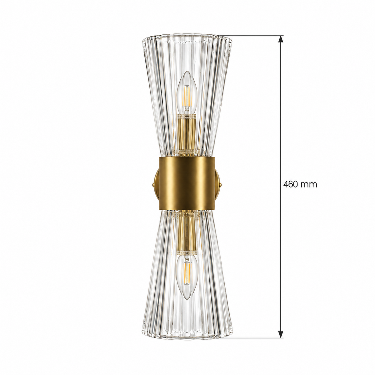 Gold-Toned Ribbed Glass 2-Light Wall Sconce, 460 mm dimension view showing overall height, glass rim to glass rim 460 mm
