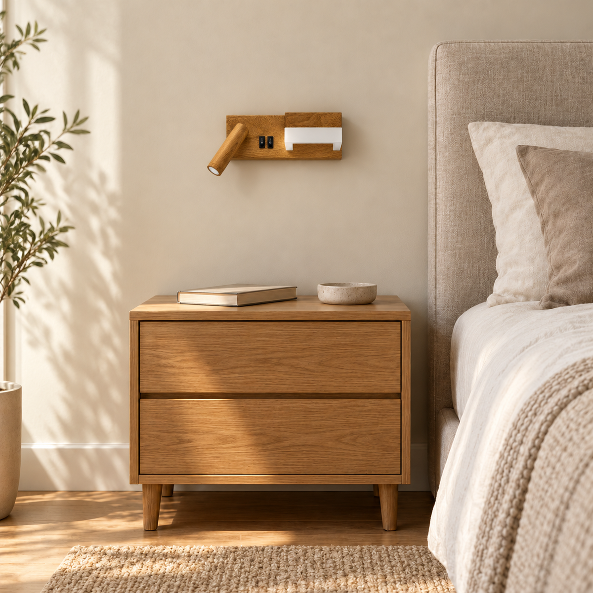 Woodgrain-effect horizontal wall light with a left cylindrical reading head, right block light and two black switches, switched off in a daylight interior setting.