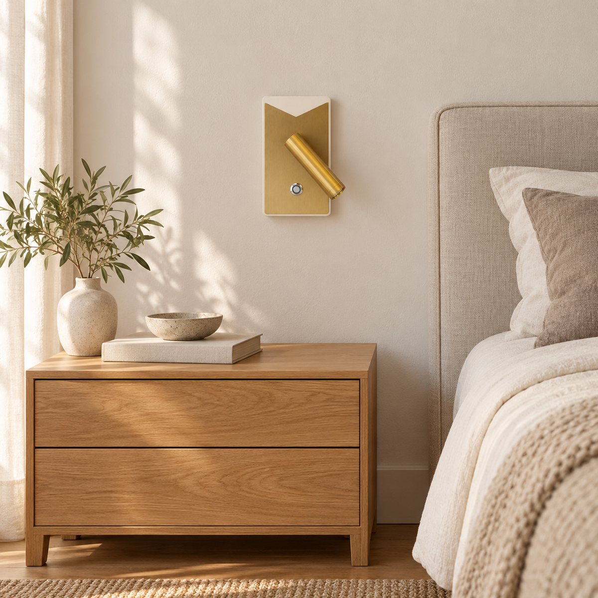 Antique gold-toned rectangular wall light with a V-shaped top detail, angled cylindrical head and round touch switch, switched off in a daylight interior setting.