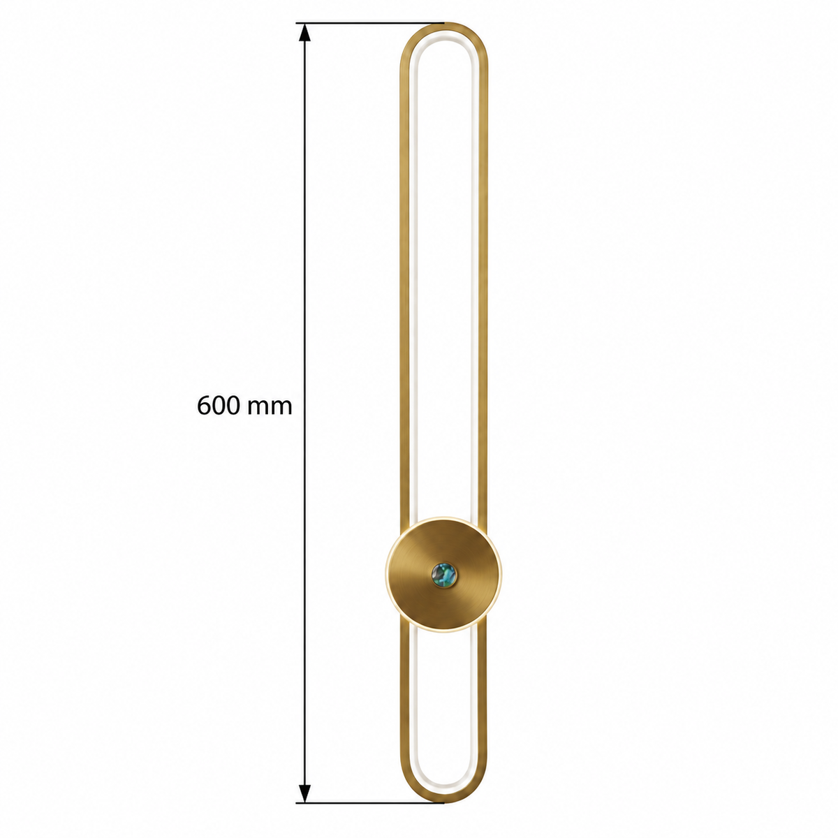 Antique gold-toned slender capsule loop wall light with a round lower disc dimension diagram showing 600 mm overall height.