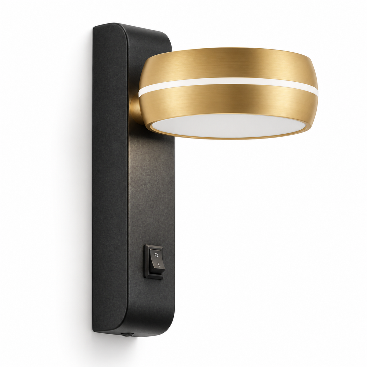 Black and gold-toned wall light with a shallow drum head, pale band and rocker switch on a tall backplate, switched off against a white studio background.