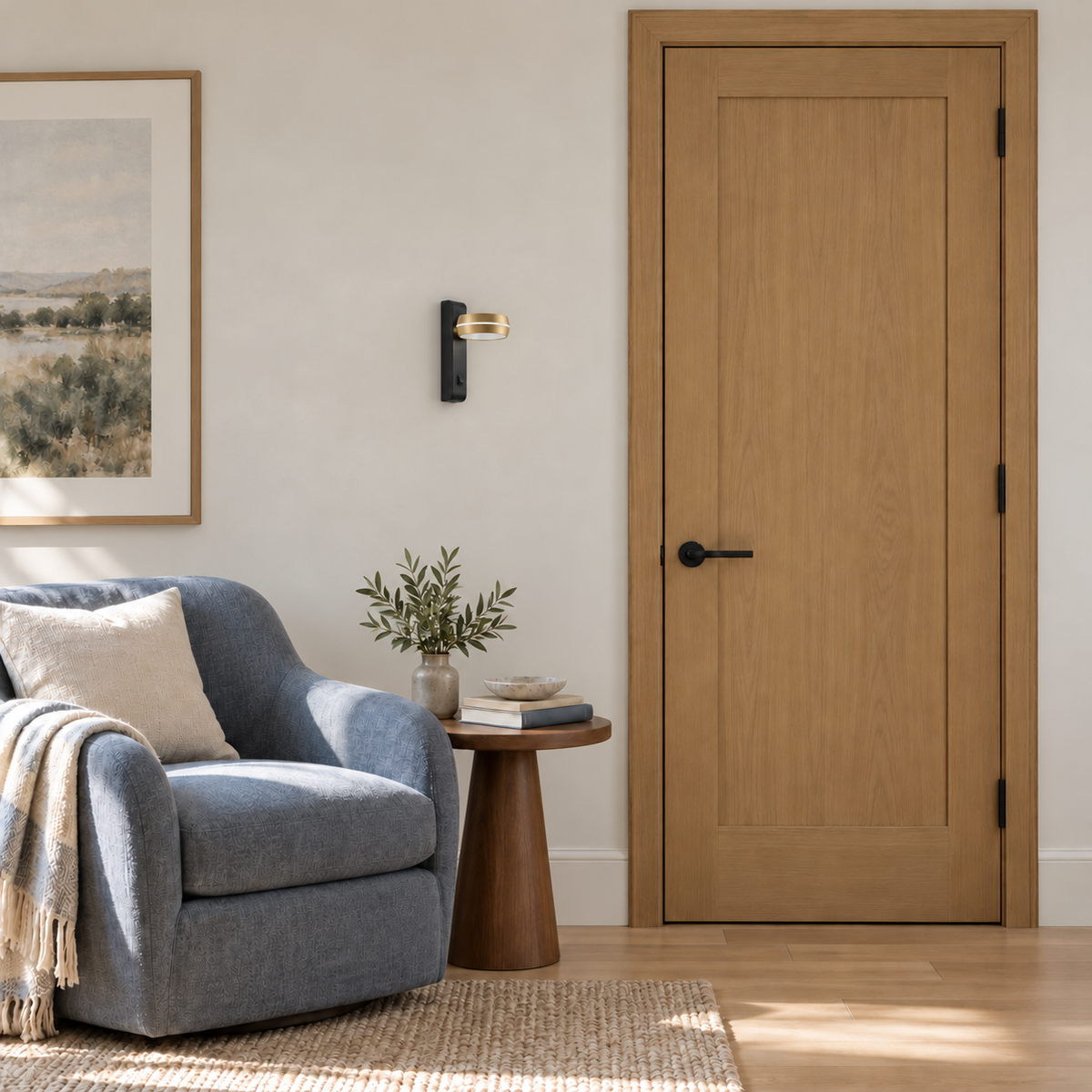 Black and gold-toned wall light with a shallow drum head, pale band and rocker switch on a tall backplate, switched off in a daylight interior setting.