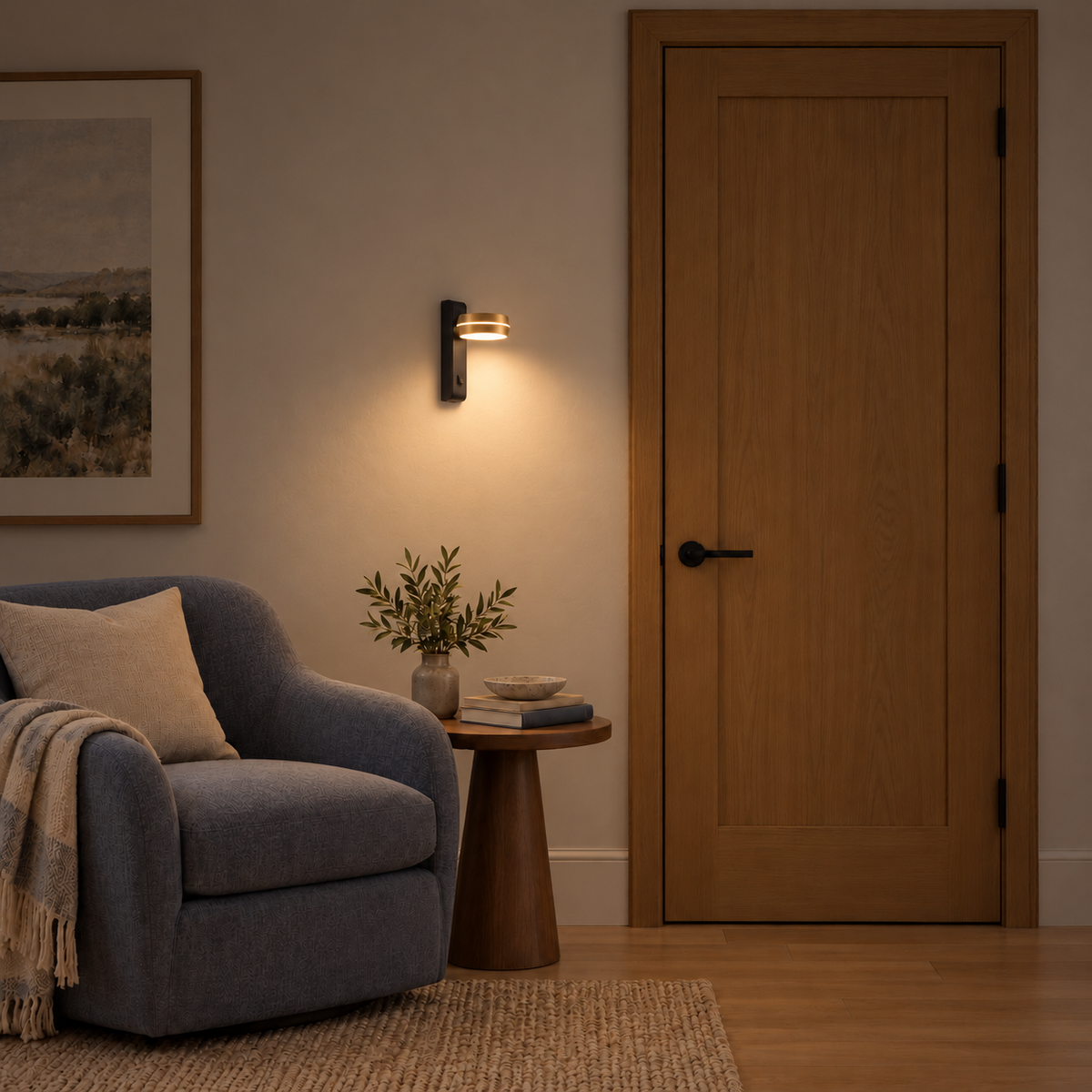 Black and gold-toned wall light with a shallow drum head, pale band and rocker switch on a tall backplate, illuminated in an interior setting at night.