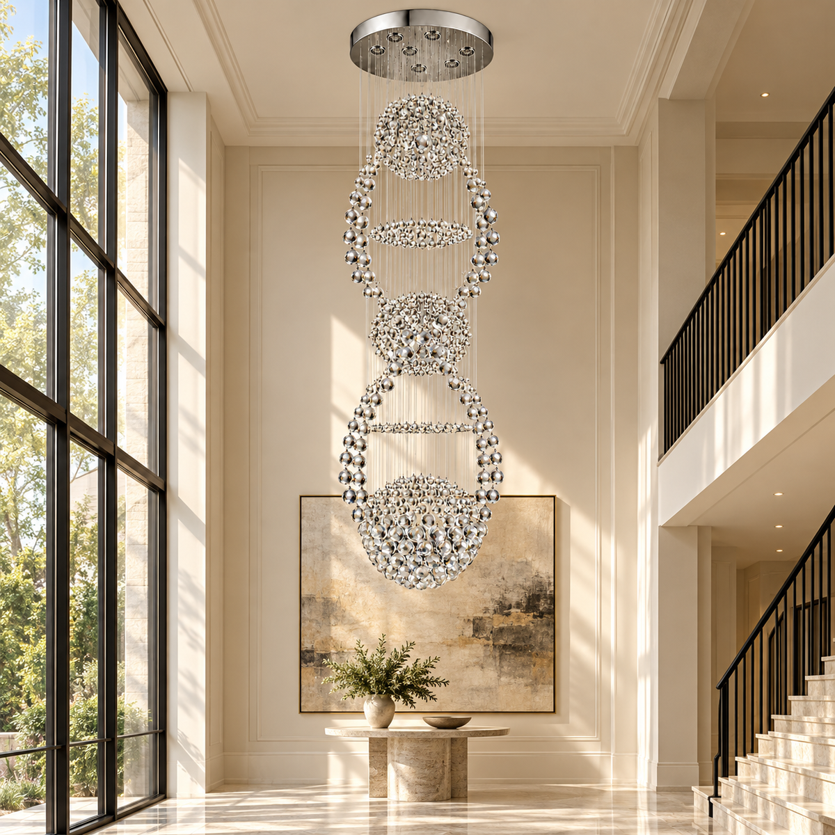Crystal Orbit Cascade Chandelier — daytime interior view