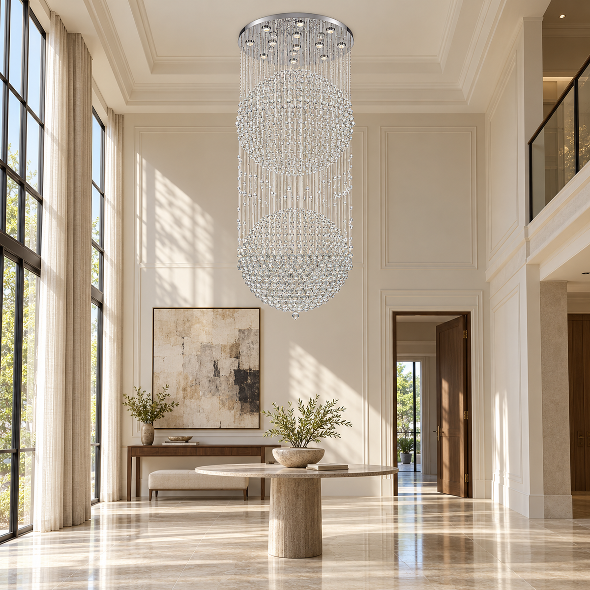 Twin Sphere Crystal Cascade Chandelier — daytime interior view