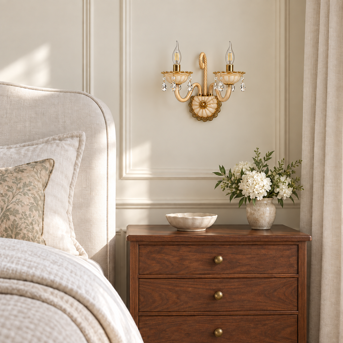 Amber Glass Crystal Drop Wall Light above a wood bedside chest beside an upholstered bed in daylight, switched off