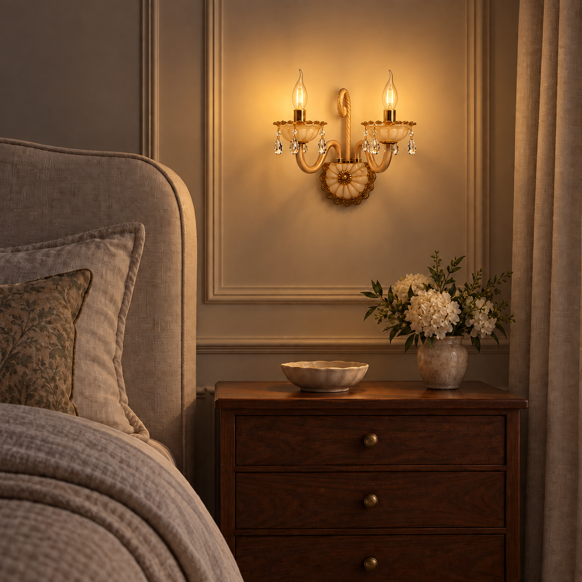 Amber Glass Crystal Drop Wall Light above a wood bedside chest beside an upholstered bed at night, illuminated