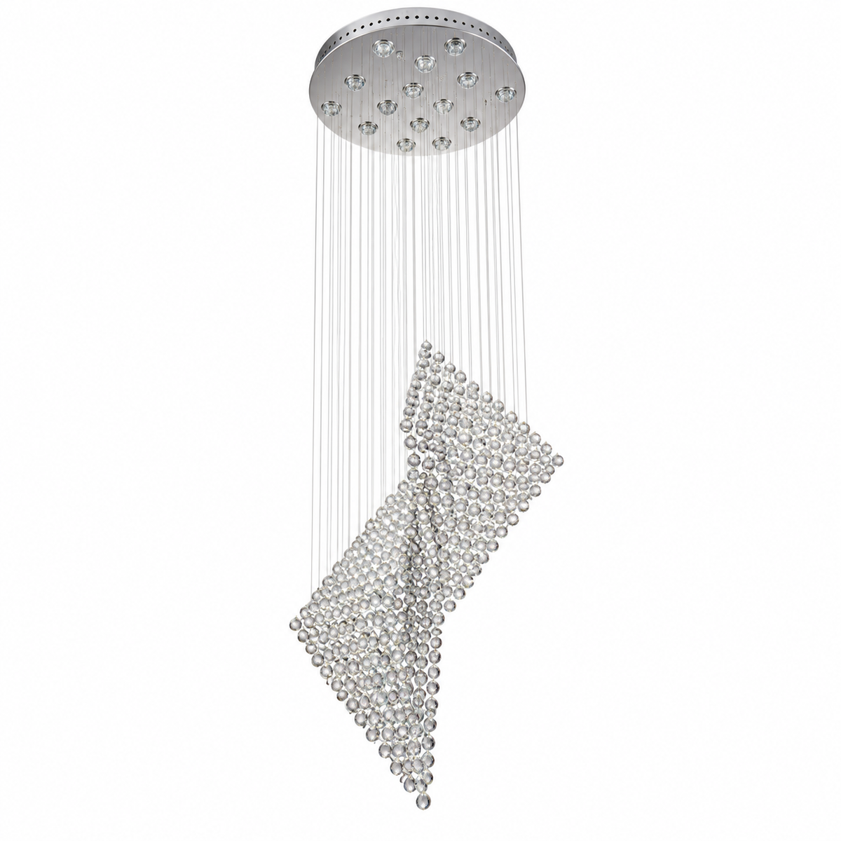 Studio view of DK7282--32''X84‘’, crystal-ball spiral cascade chandelier.