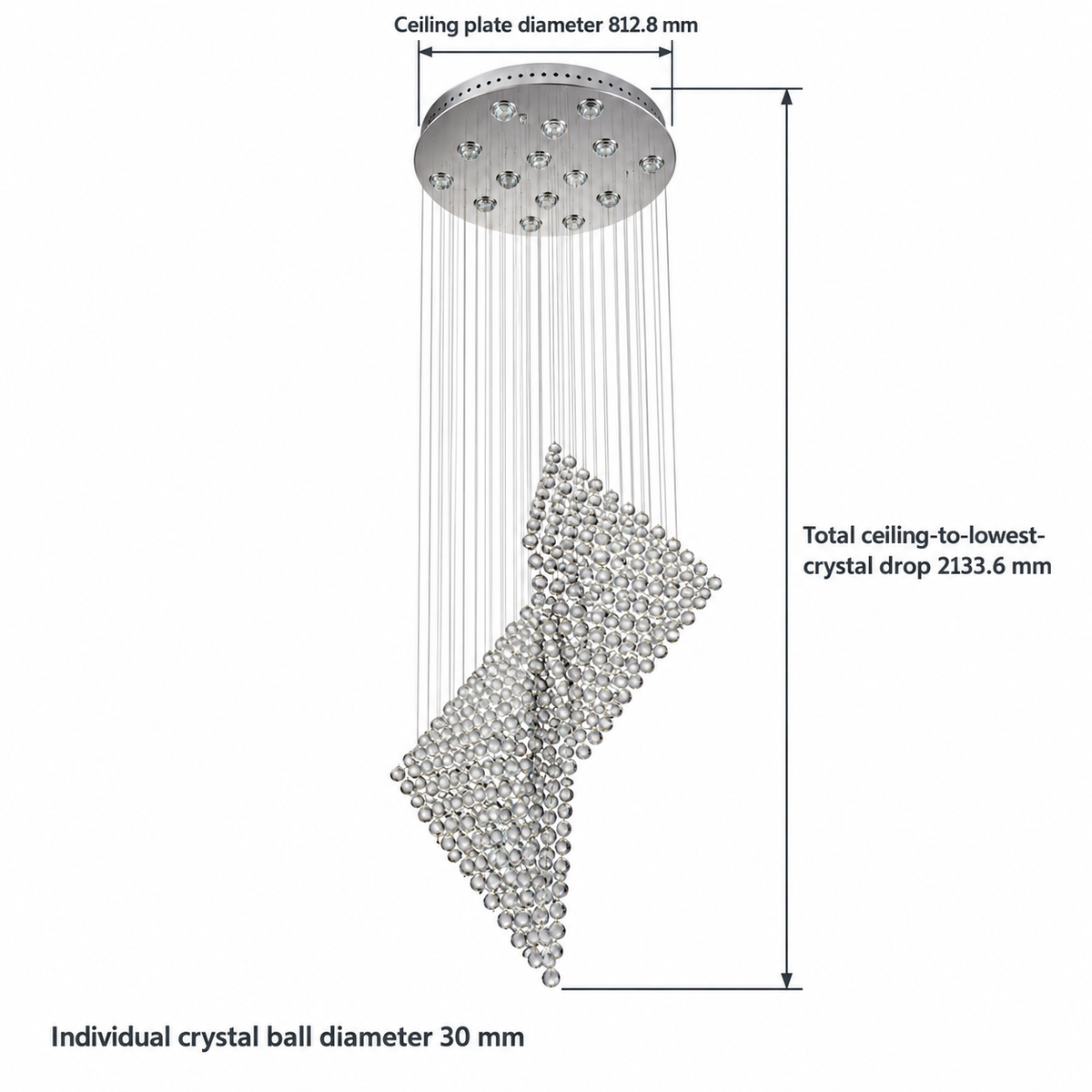 DK7282--32''X84‘’ dimension view: Round ceiling plate diameter: 812.8 mm (32 in); Total ceiling-to-lowest-element drop: 2133.6 mm (84 in); Individual crystal ball diameter: 30 mm.