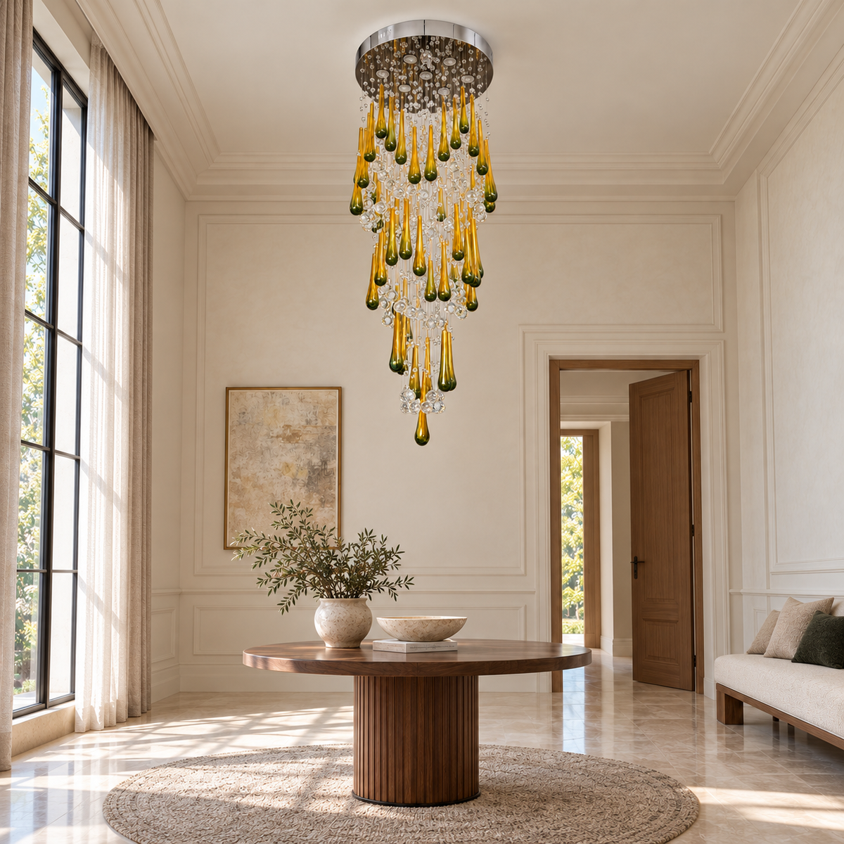 Golden Teardrop Cascade Chandelier — daytime interior view